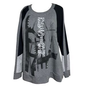 Darkwin Long Sleeve Top Womens XL Gray Black Colorblock Studded Graphic Pullover